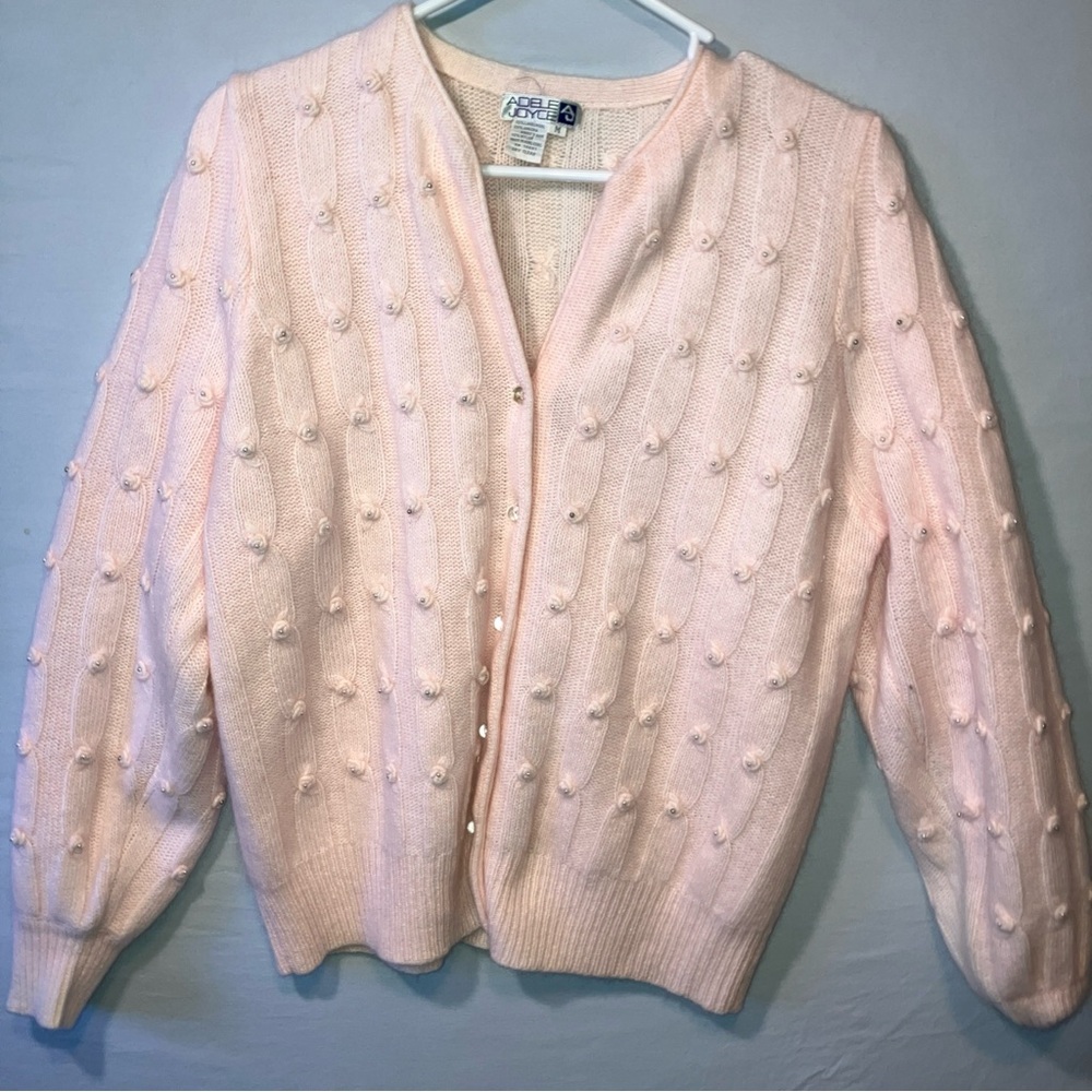 Adele Joyce Pink Sweater Lambswool cardigan with pearl Textured Design.